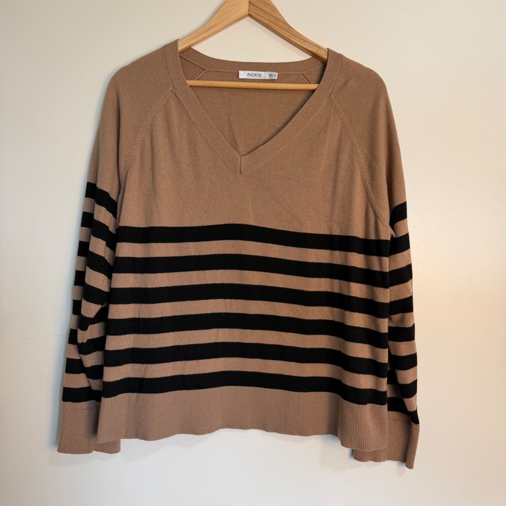 Ricki's V-Neck Striped Cashmere Blend Sweater Tan Black Women XXL Preppy